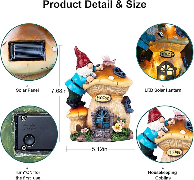 Solar gnome lantern house figurine with solar panel and LED light, size diagram