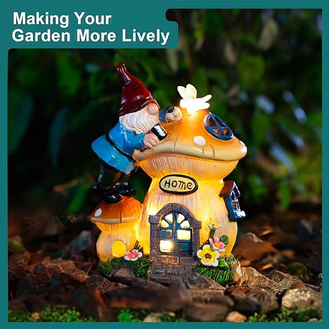 Solar garden gnome lantern house figurine with glowing door window and flowers